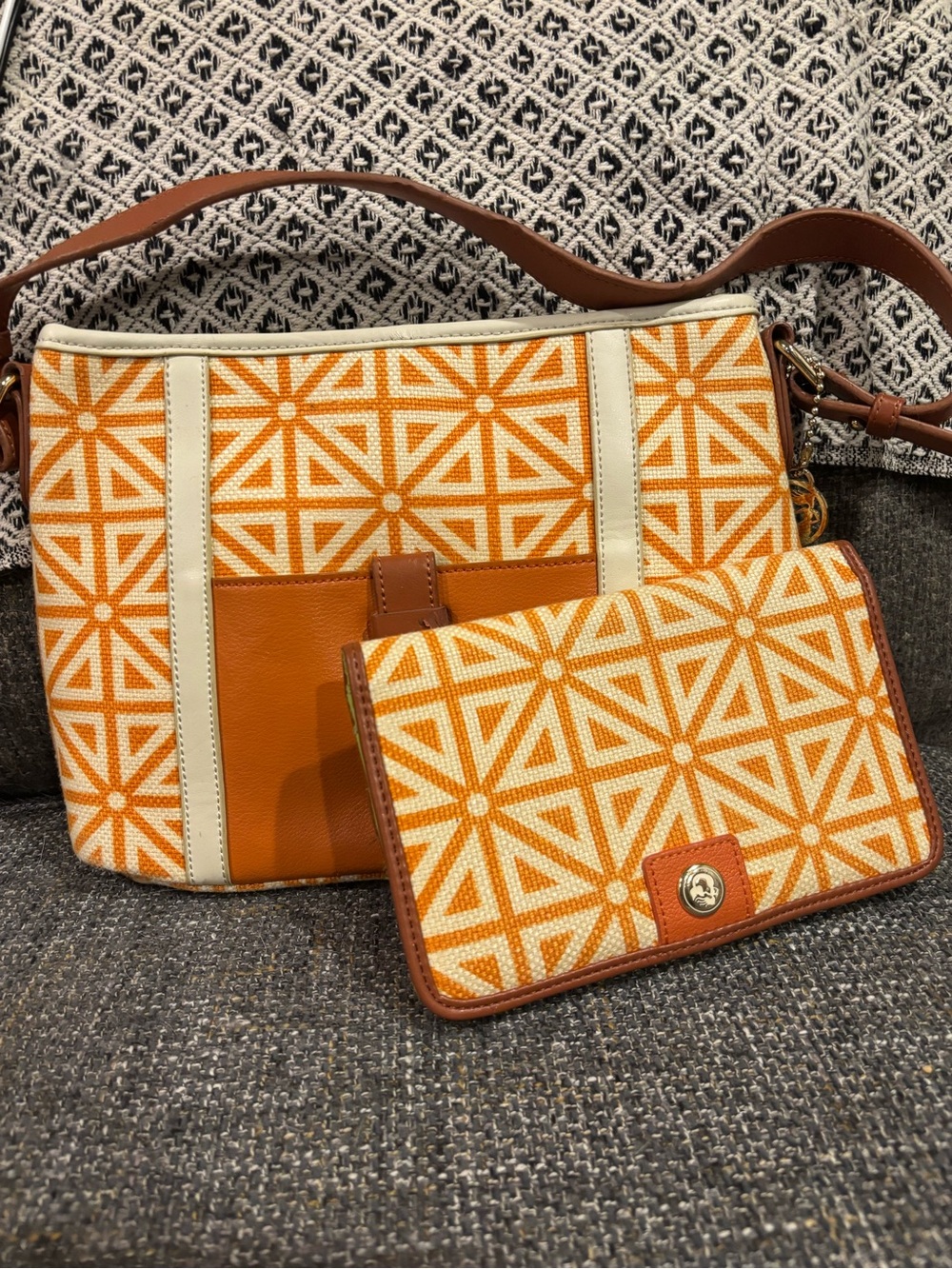 Spartina 449 Orange Geometric Canvas/Leather Shoulder Bag with Wallet/Clutch